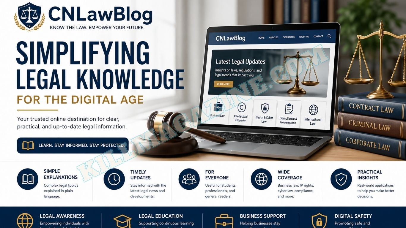 Modern CNLawBlog website illustration showing legal education, digital law resources, business compliance guidance, cybersecurity regulations, and online legal learning platform.