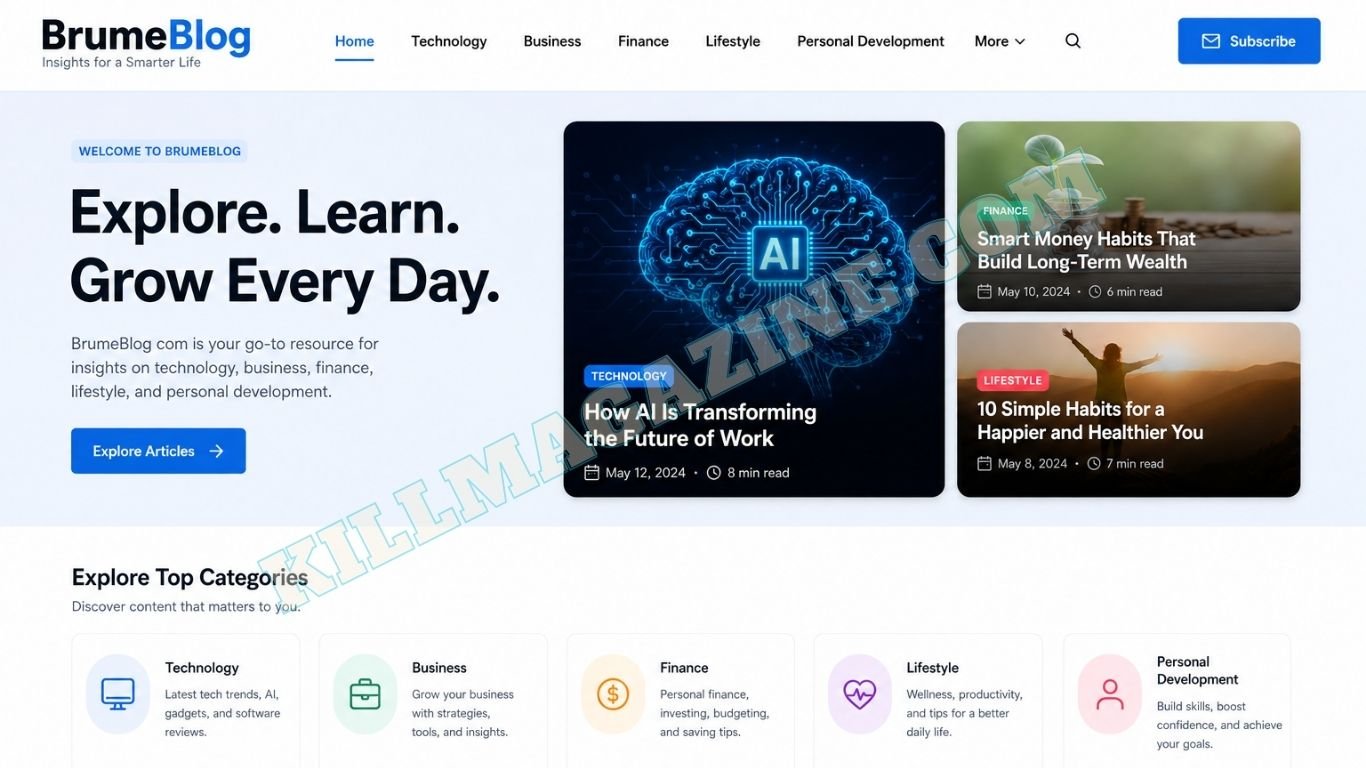 Homepage of BrumeBlog com featuring technology, business, finance, lifestyle, and personal development content in a modern digital magazine layout.