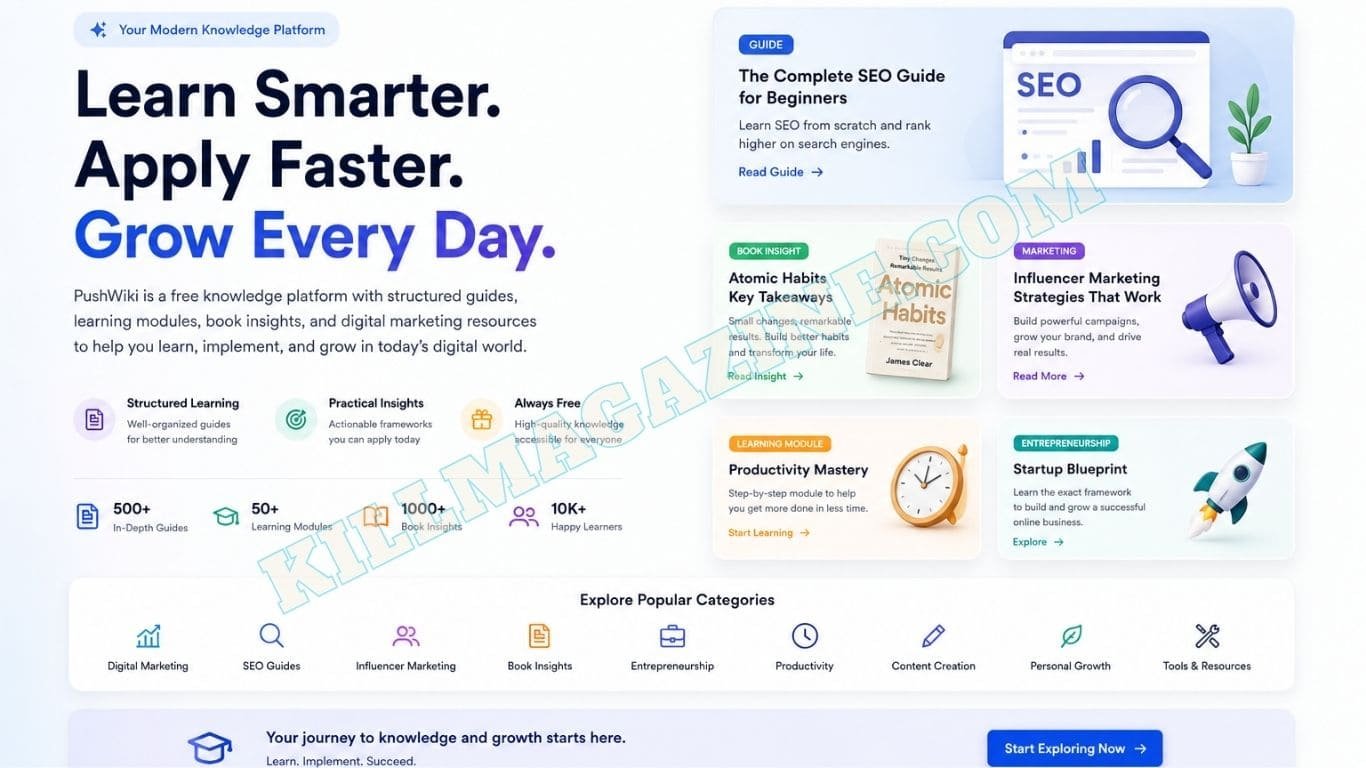 PushWiki Com knowledge platform featuring structured learning guides, digital marketing resources, book insights, and personal growth content.