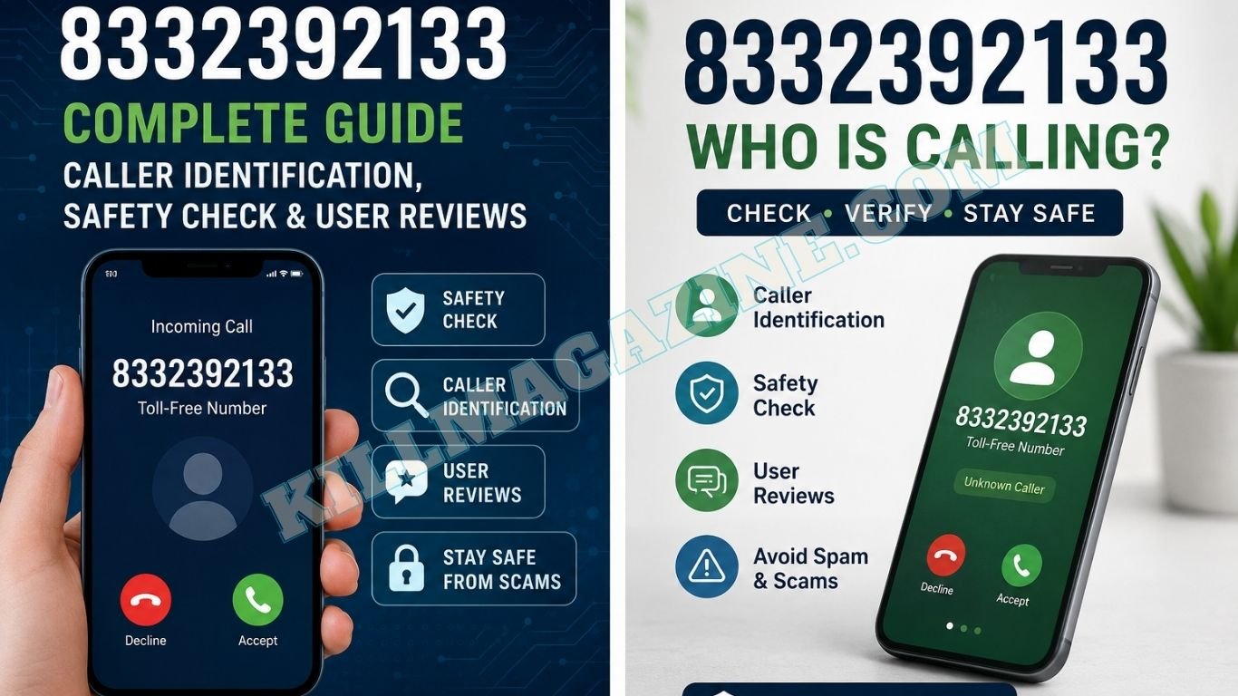 Smartphone displaying incoming call from 8332392133 with caller identification, safety check, spam detection, and user review features.